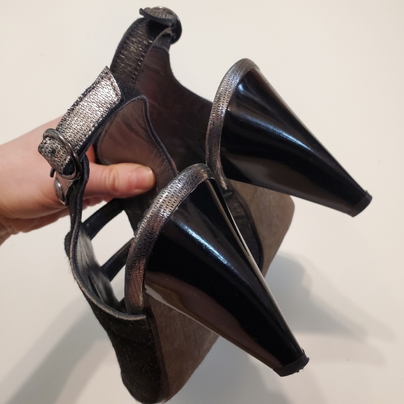 Chanii B 39 Heels Honey Black Platinum open toe sandal Strappy Military Silver - Picture 8 of 16